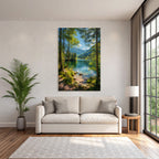 Forests and meadows. Peaceful landscape with a lake surrounded by green trees and mountains.