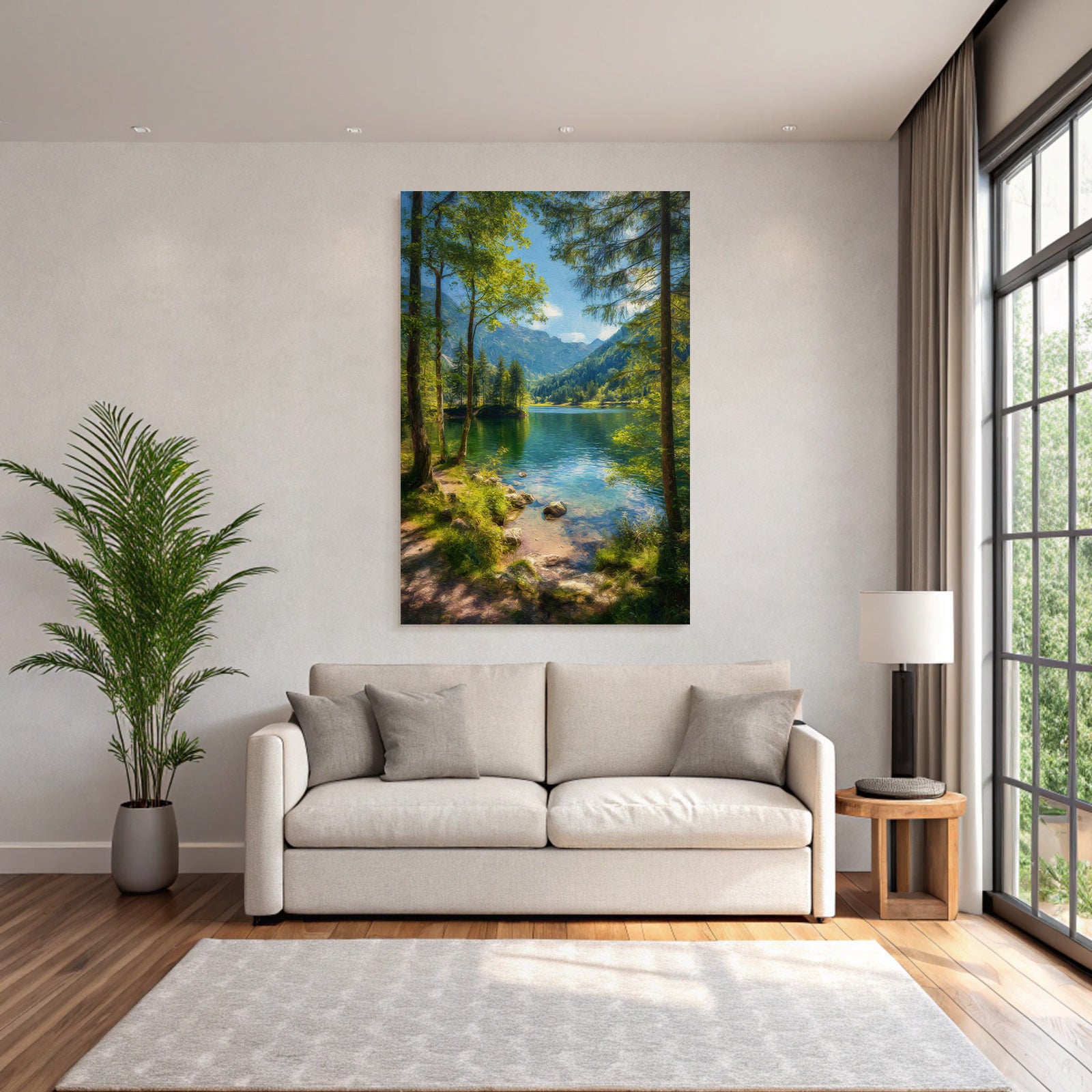 Forests and meadows. Peaceful landscape with a lake surrounded by green trees and mountains.