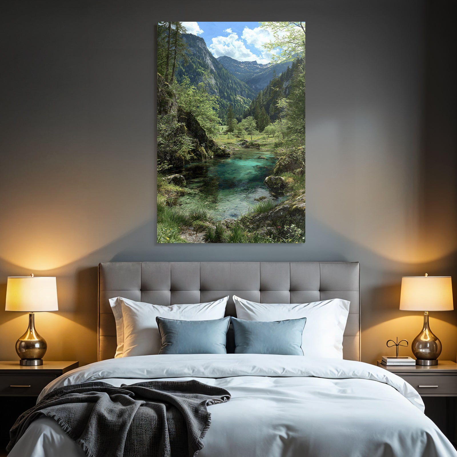 Forests and meadows, tranquil nature landscape with water, trees and mountains