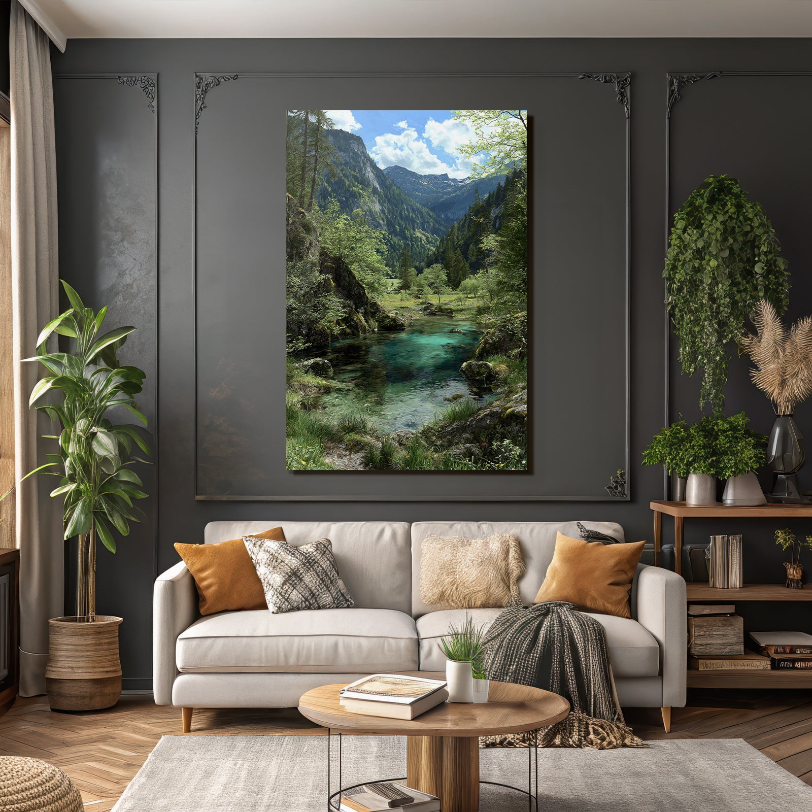 Forests and meadows, tranquil nature landscape with water, trees and mountains