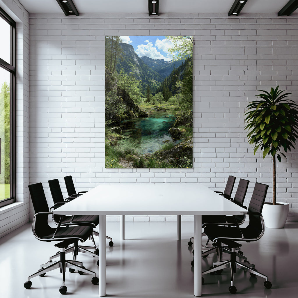 Forests and meadows, tranquil nature landscape with water, trees and mountains