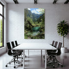 Forests and meadows, tranquil nature landscape with water, trees and mountains