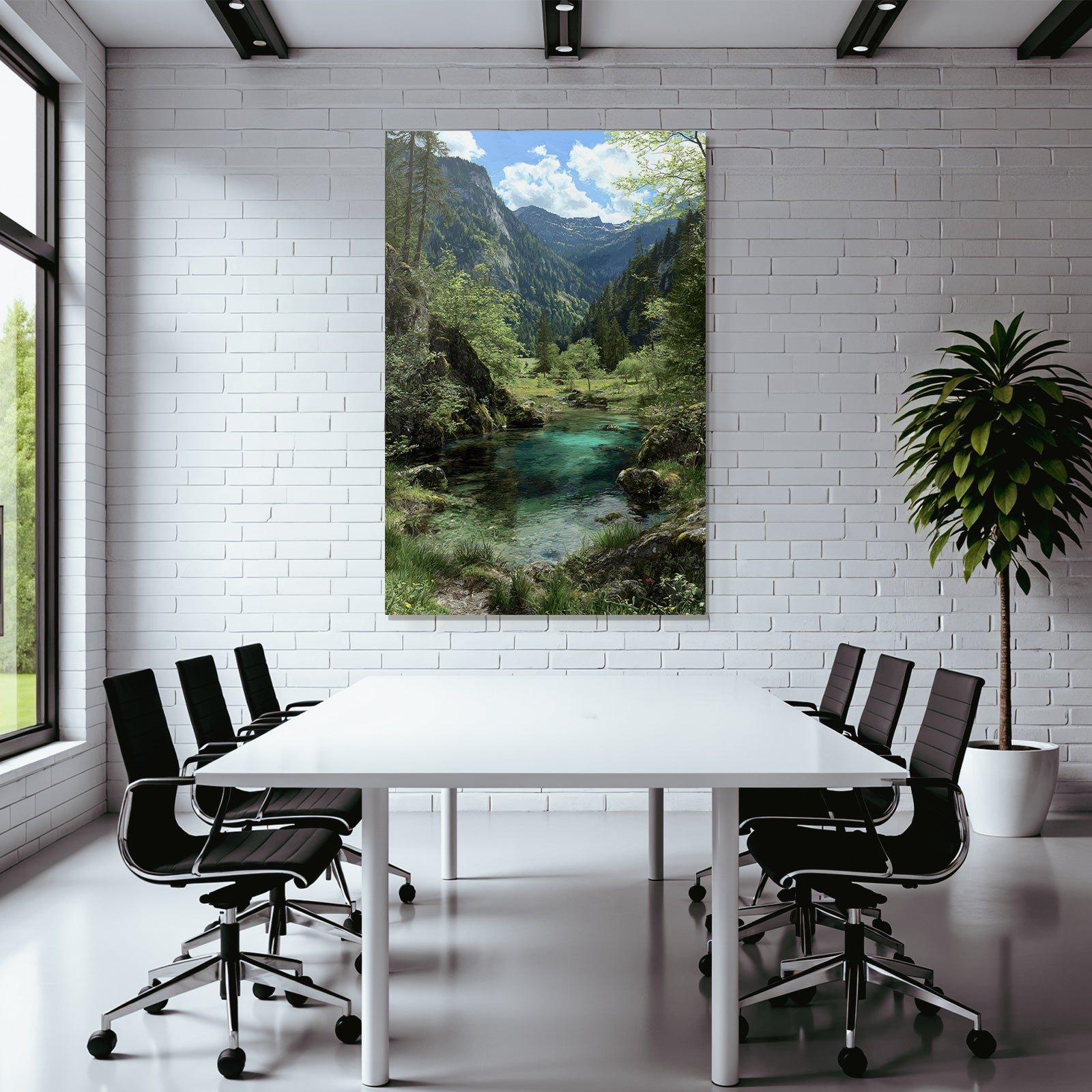 Forests and meadows, tranquil nature landscape with water, trees and mountains