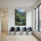 Forests and meadows, tranquil nature landscape with water, trees and mountains