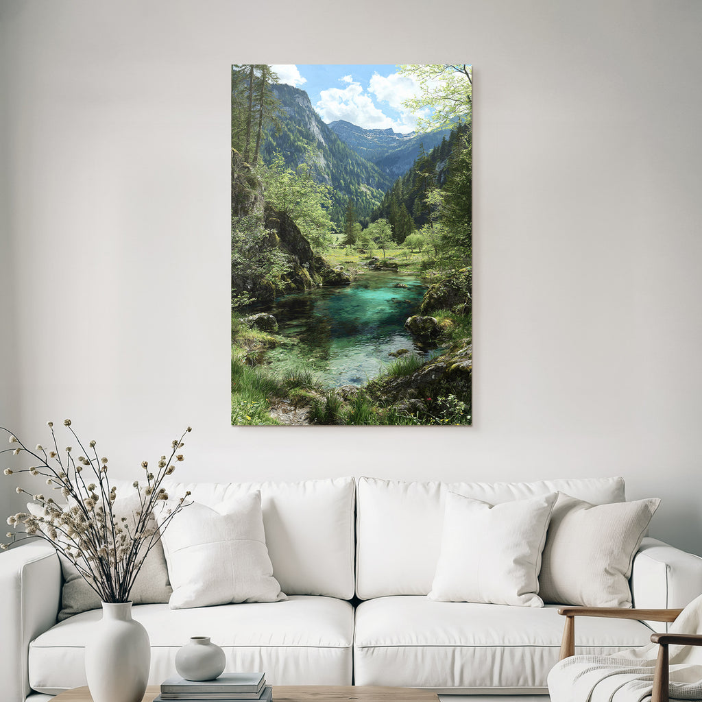 Forests and meadows, tranquil nature landscape with water, trees and mountains