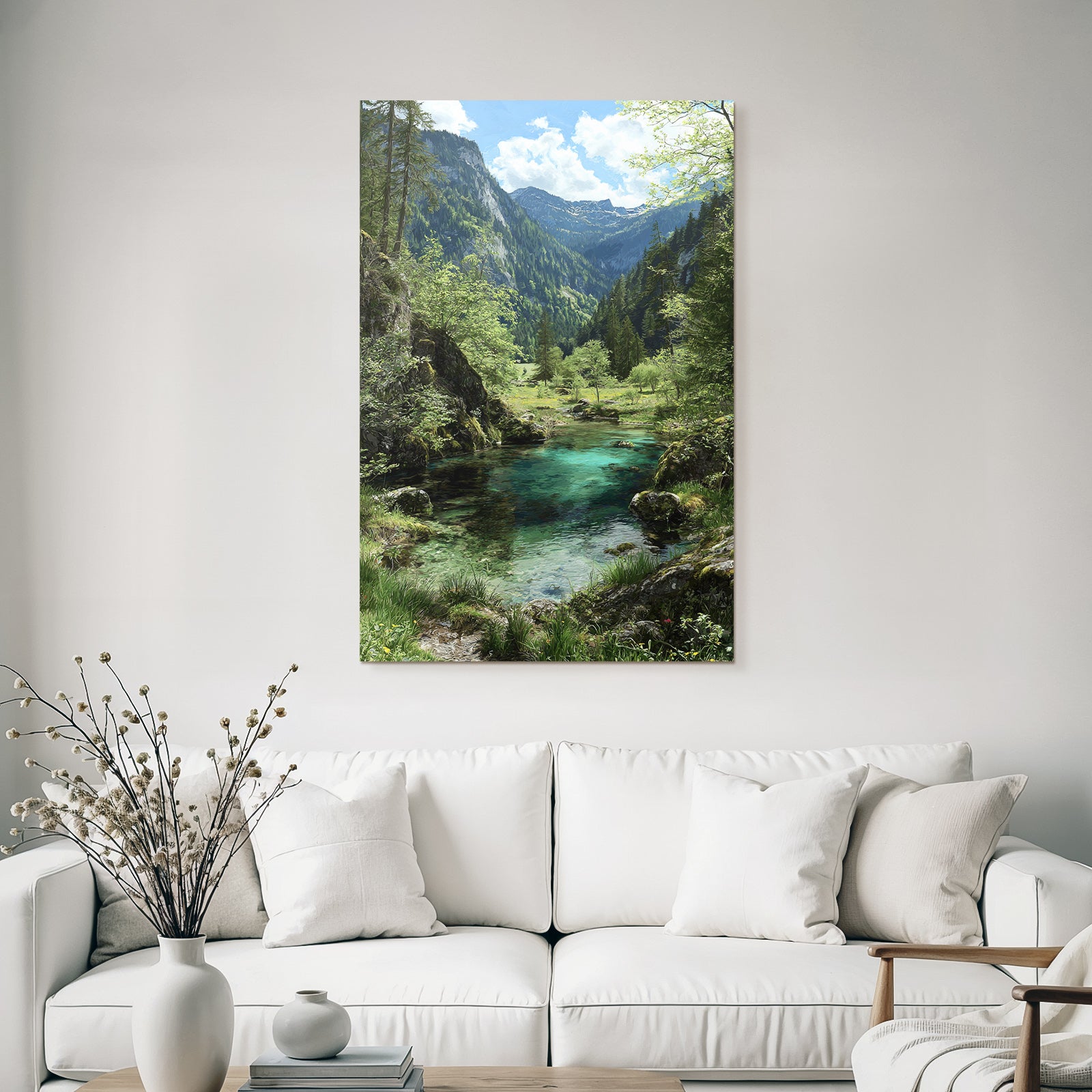 Forests and meadows, tranquil nature landscape with water, trees and mountains