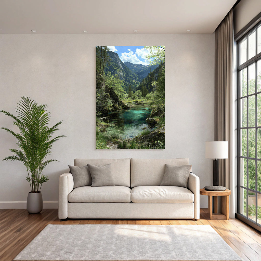 Forests and meadows, tranquil nature landscape with water, trees and mountains