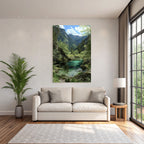 Forests and meadows, tranquil nature landscape with water, trees and mountains