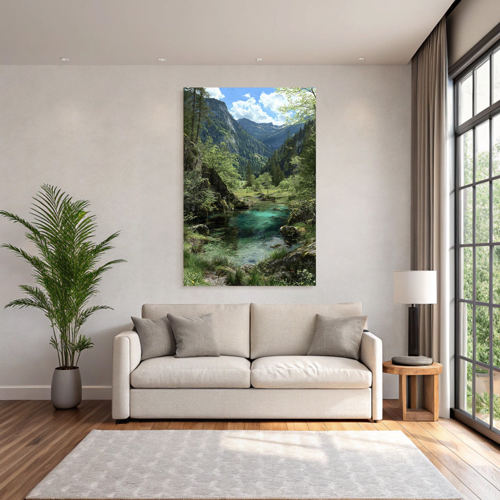 Forests and meadows, tranquil nature landscape with water, trees and mountains