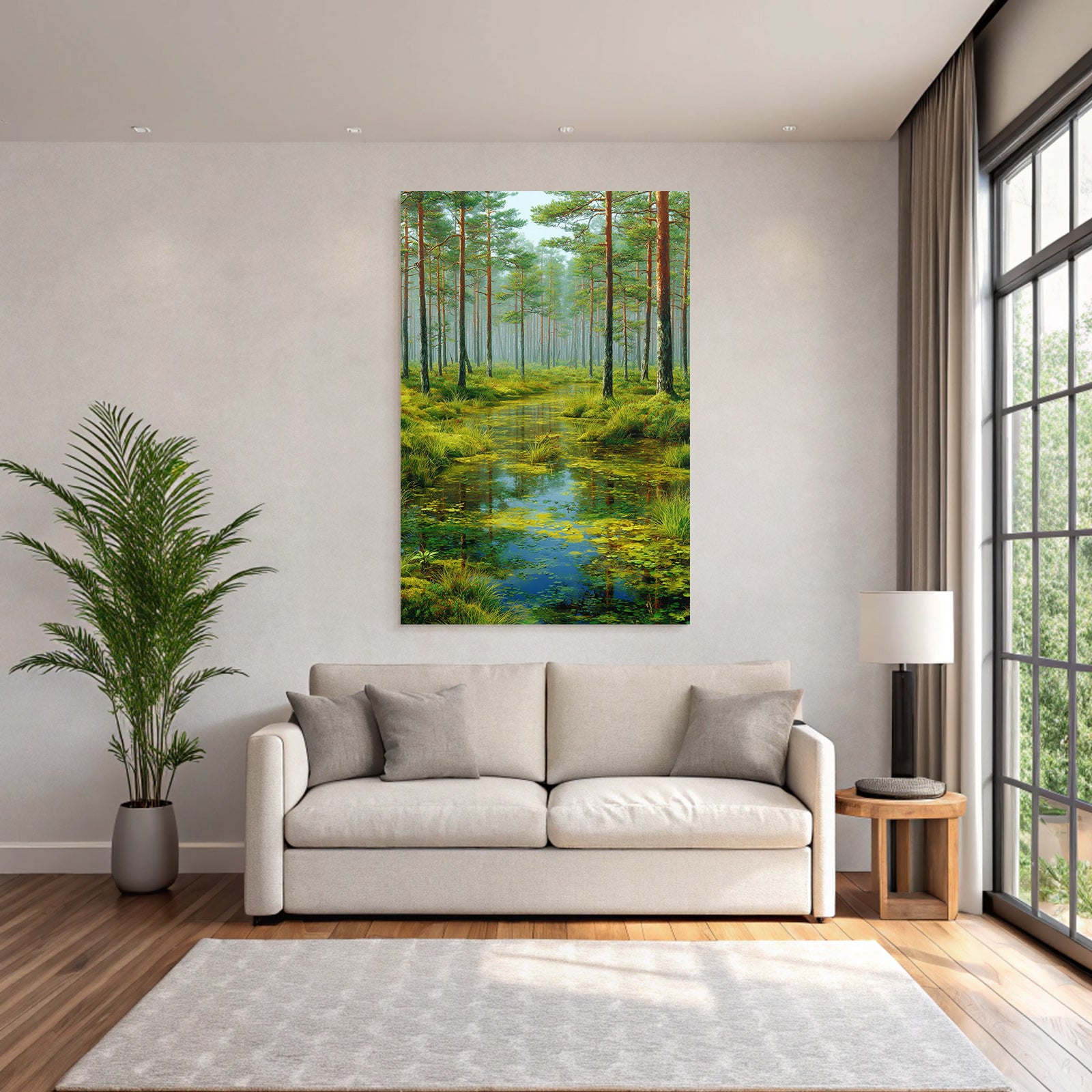 Forests and meadows tranquil nature landscape with trees and water reflection
