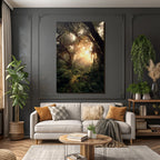 Forests and meadows. Peaceful forest landscape with sunshine and fog.
