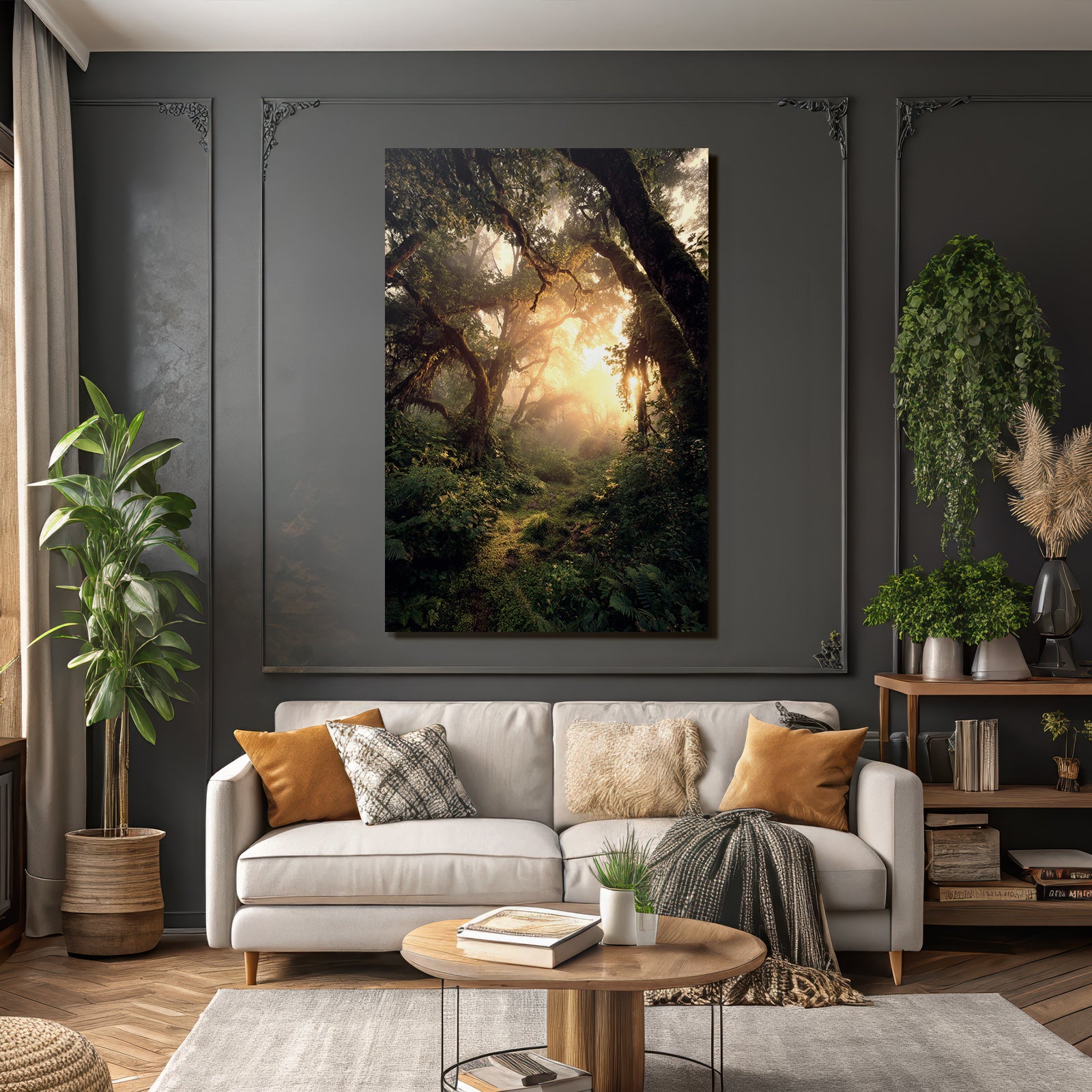 Forests and meadows. Peaceful forest landscape with sunshine and fog.