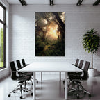 Forests and meadows. Peaceful forest landscape with sunshine and fog.