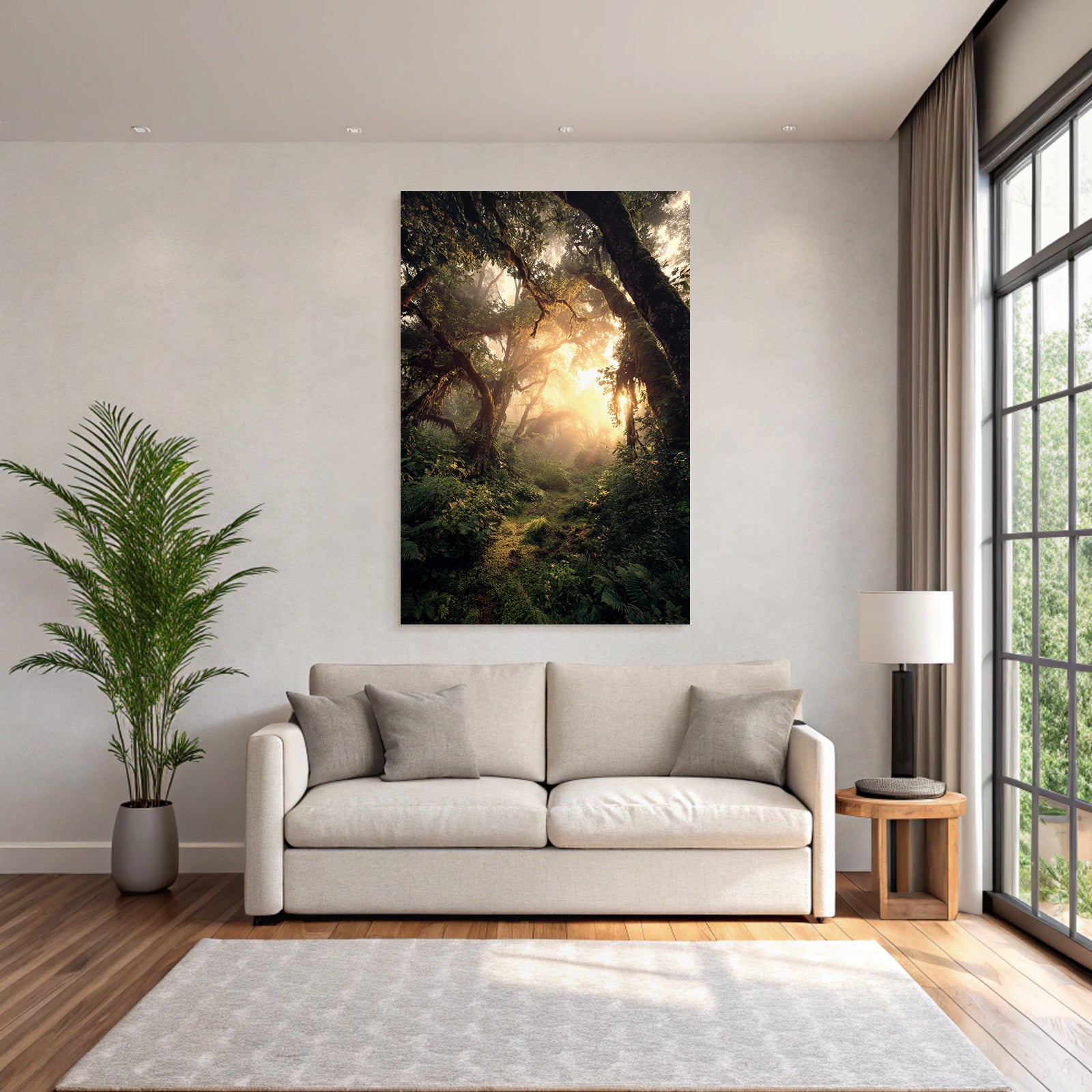 Forests and meadows. Peaceful forest landscape with sunshine and fog.