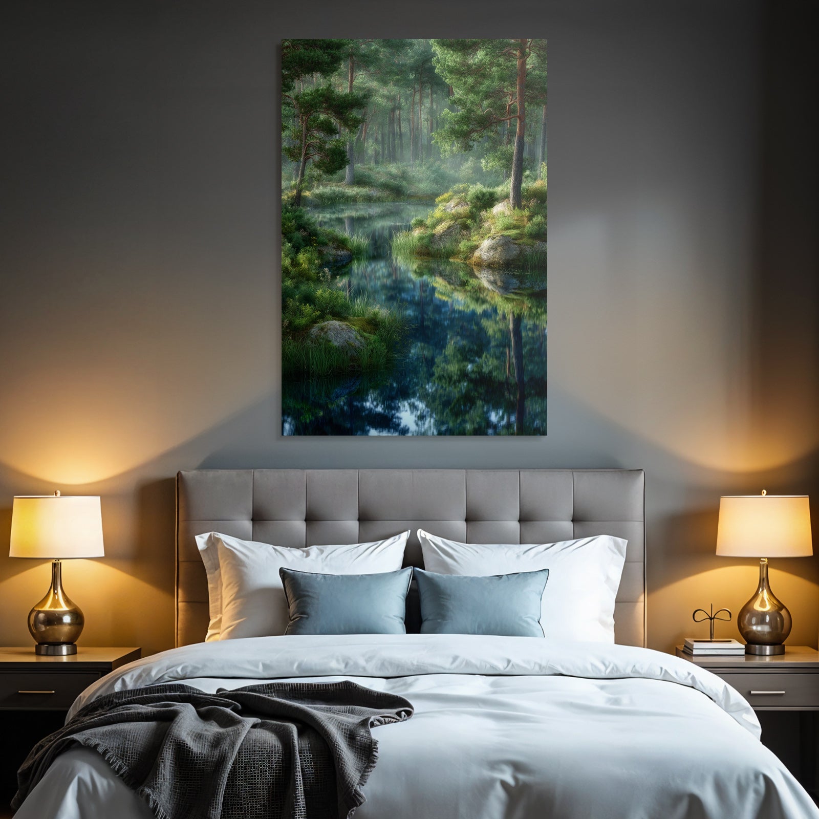 Forests and meadows, quiet nature landscape with lake and fog