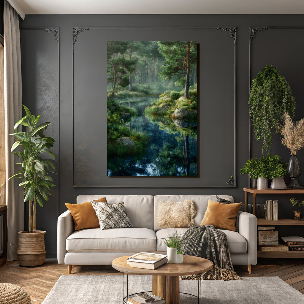 Forests and meadows, quiet nature landscape with lake and fog