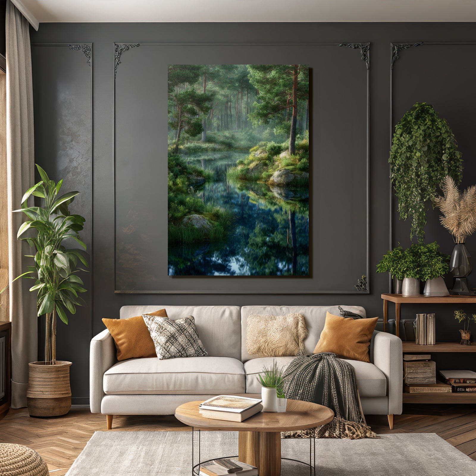 Forests and meadows, quiet nature landscape with lake and fog