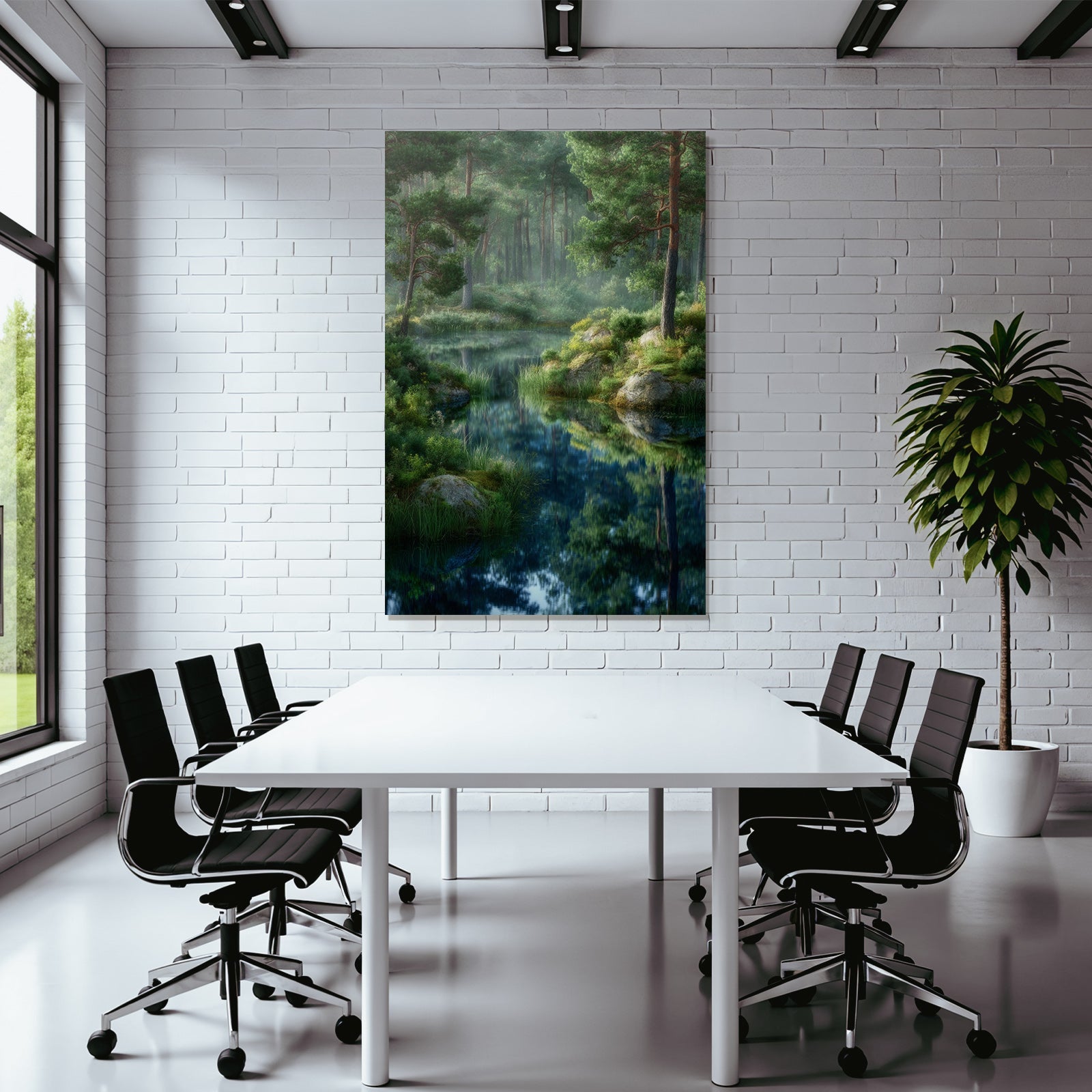 Forests and meadows, quiet nature landscape with lake and fog