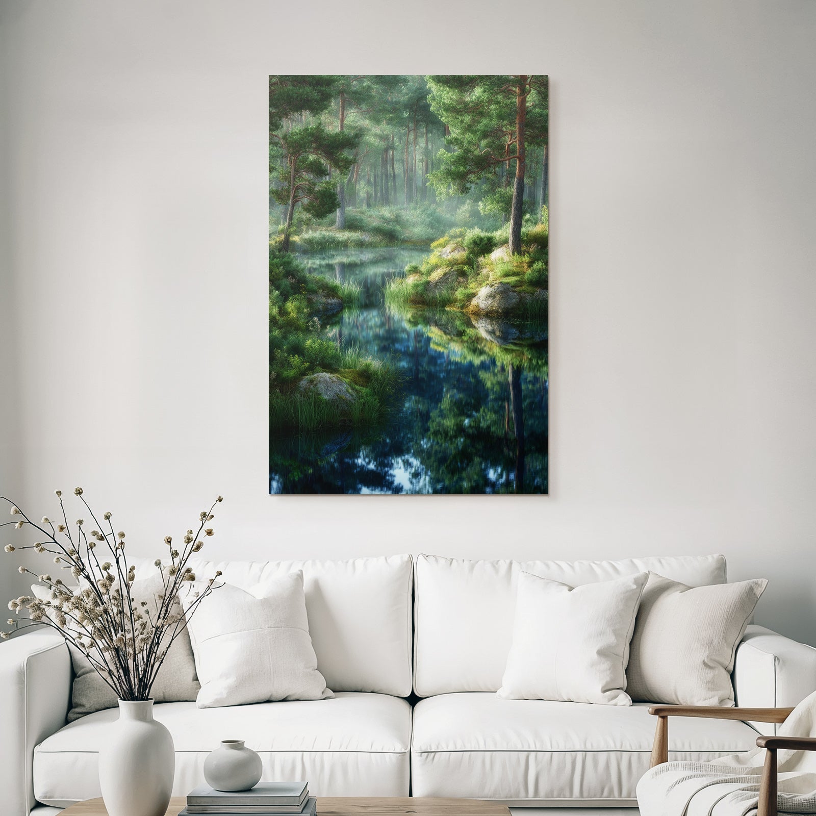 Forests and meadows, quiet nature landscape with lake and fog