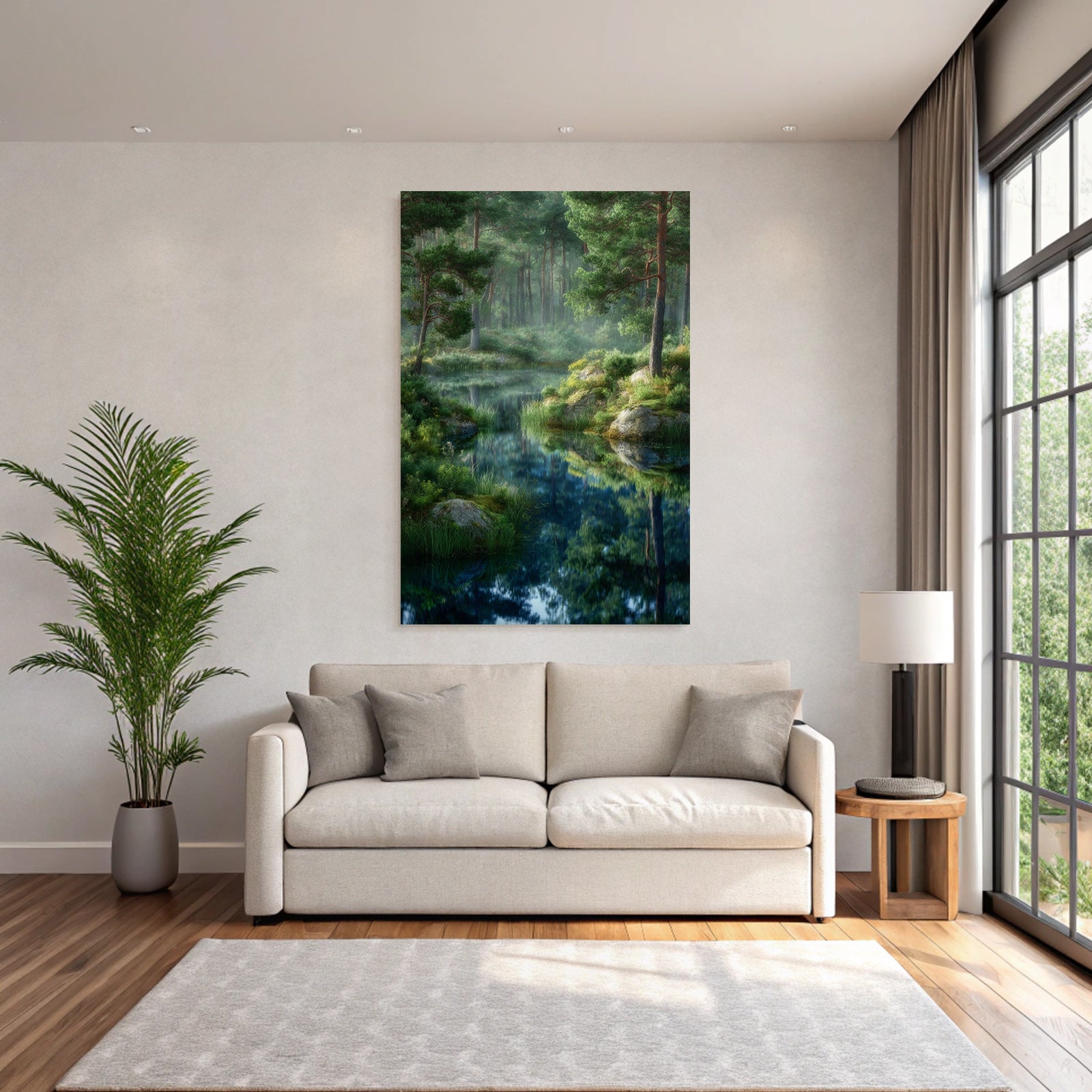Forests and meadows, quiet nature landscape with lake and fog