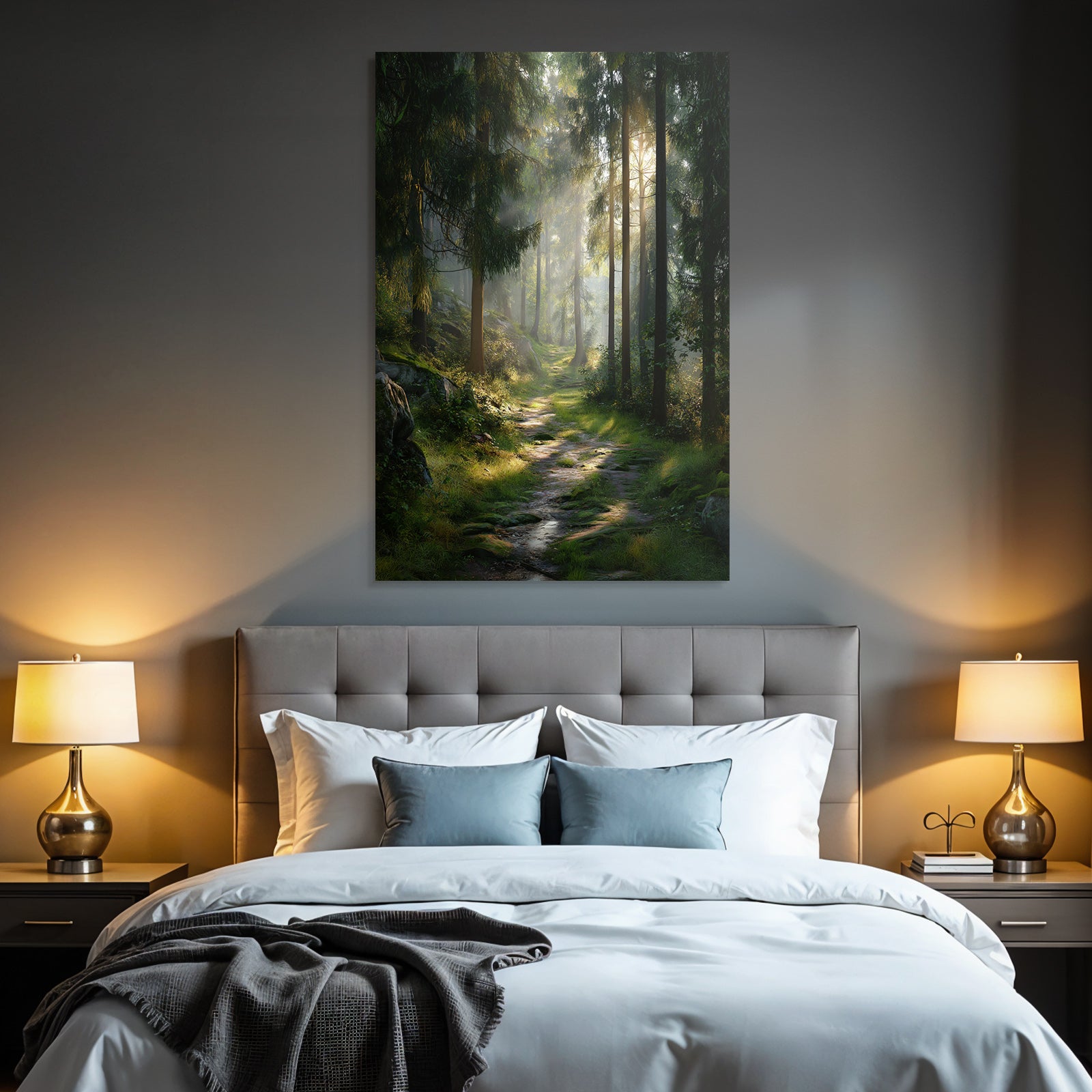 Forests and meadows. Quiet forest path with trees and sunlight.