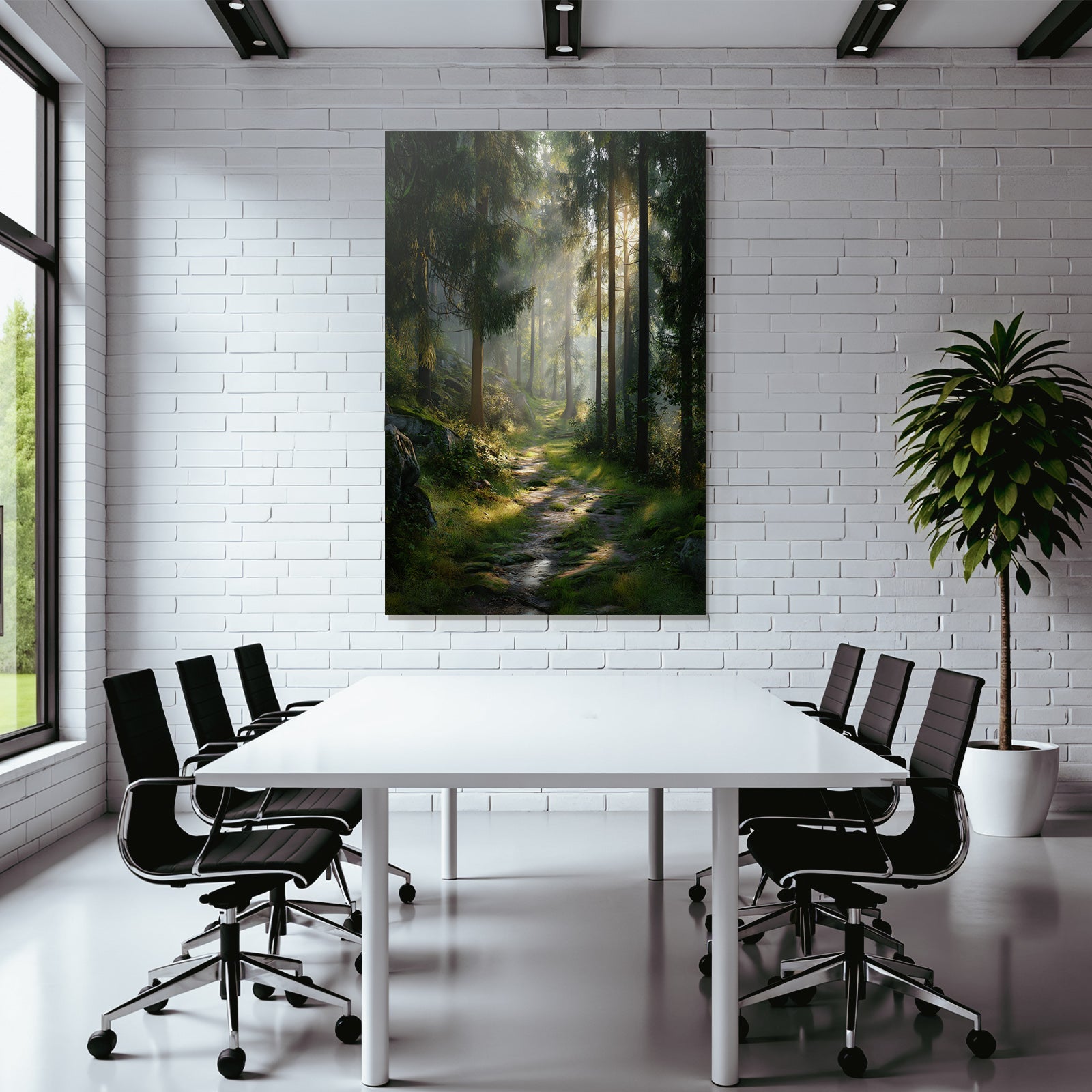 Forests and meadows. Quiet forest path with trees and sunlight.