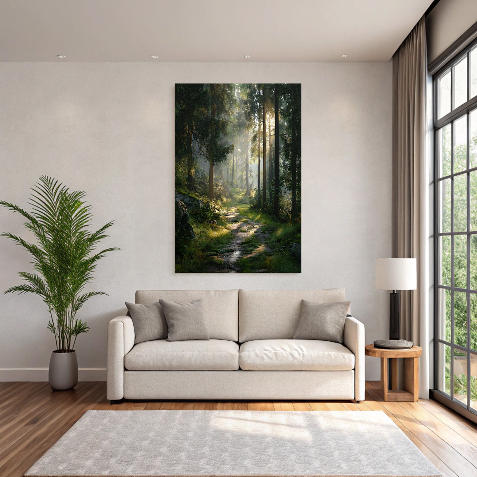 Forests and meadows. Quiet forest path with trees and sunlight.