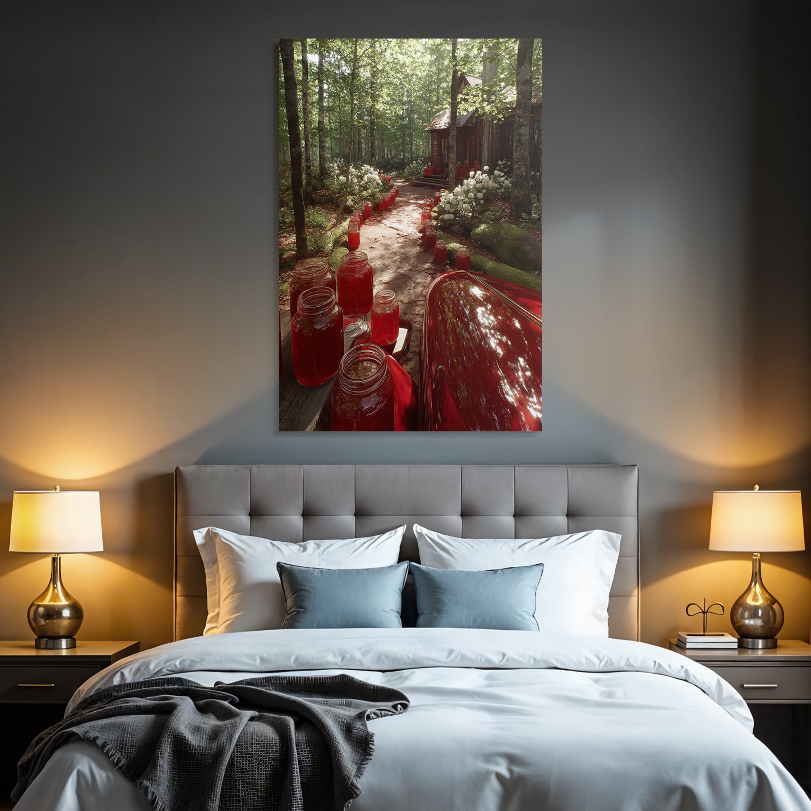 Forests and meadows. Quiet forest path with wooden house and preserving jars with red filling.