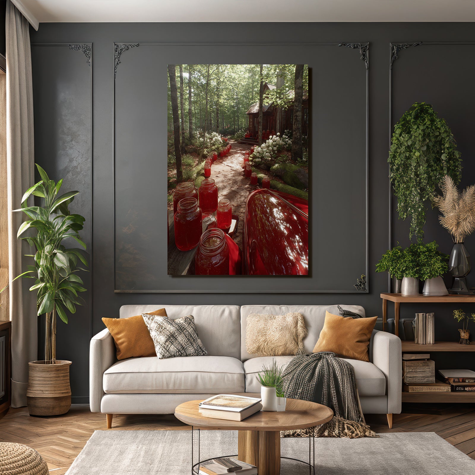 Forests and meadows. Quiet forest path with wooden house and preserving jars with red filling.