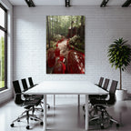 Forests and meadows. Quiet forest path with wooden house and preserving jars with red filling.