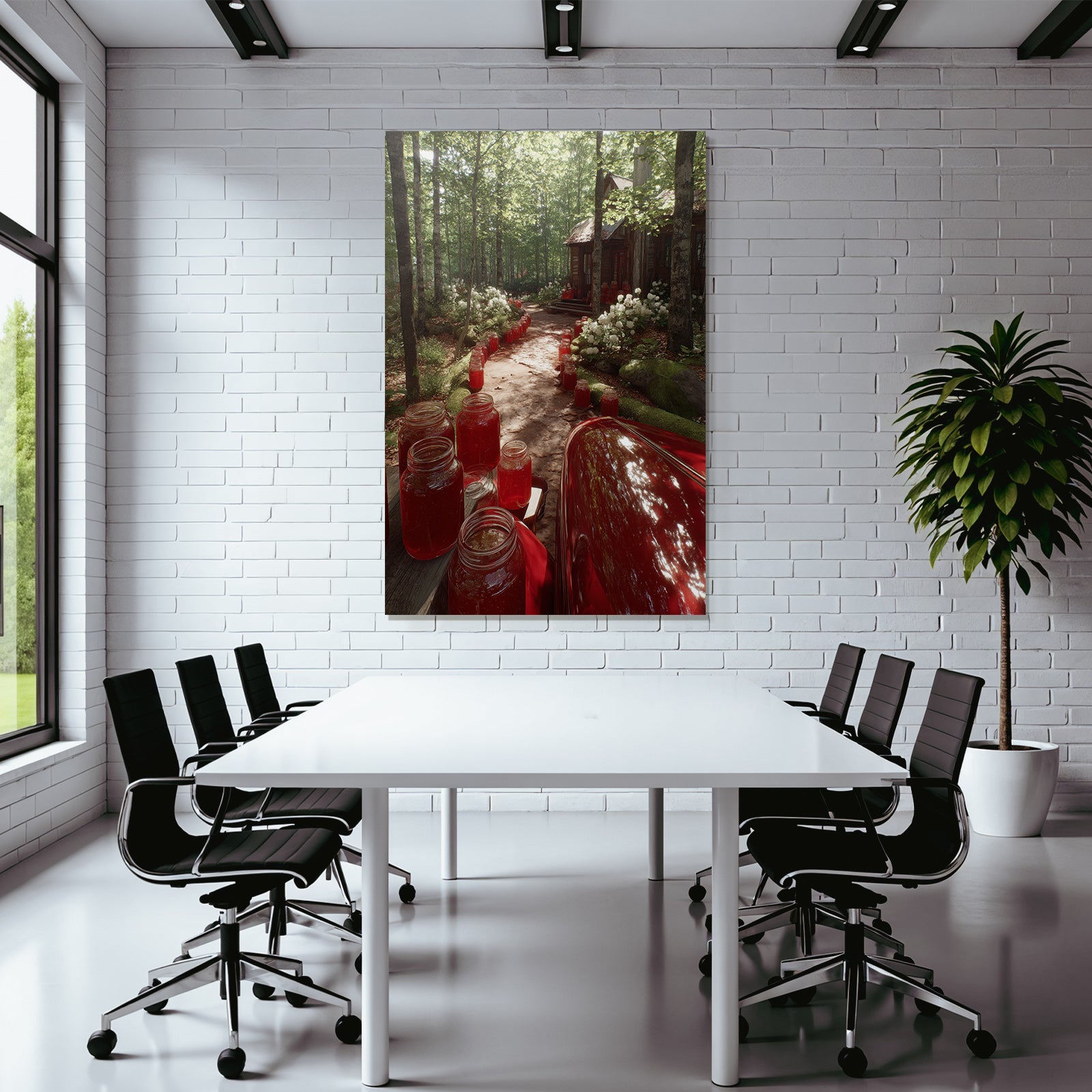Forests and meadows. Quiet forest path with wooden house and preserving jars with red filling.
