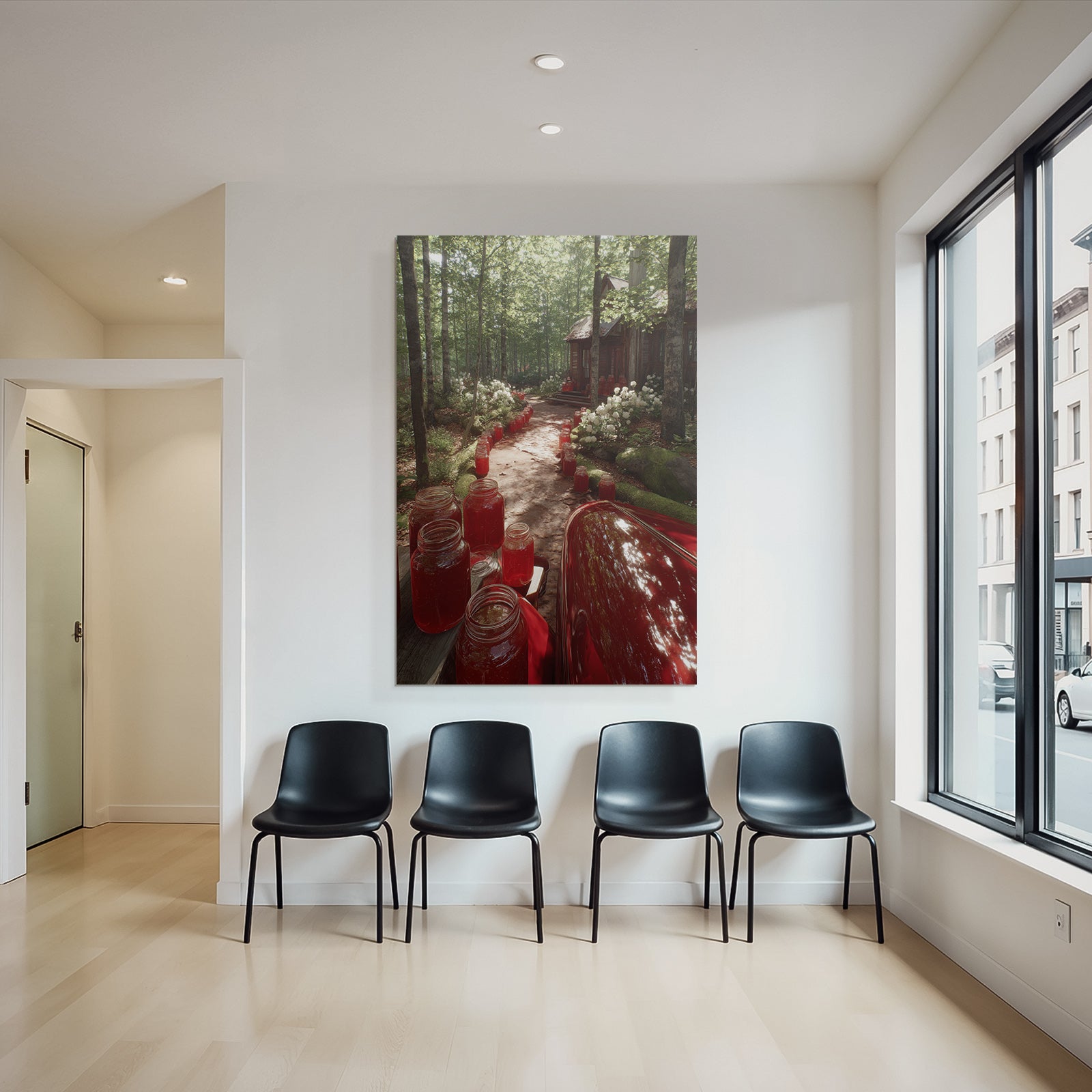 Forests and meadows. Quiet forest path with wooden house and preserving jars with red filling.