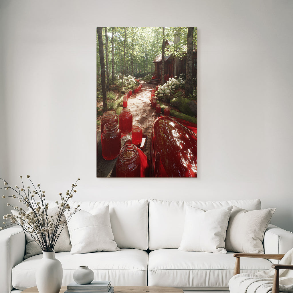 Forests and meadows. Quiet forest path with wooden house and preserving jars with red filling.