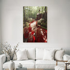 Forests and meadows. Quiet forest path with wooden house and preserving jars with red filling.