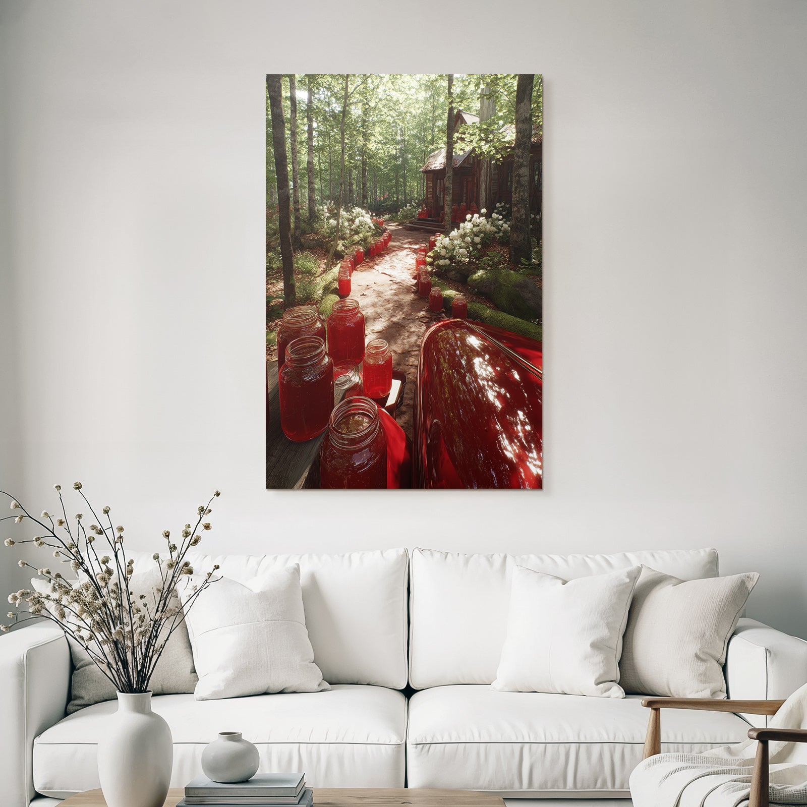 Forests and meadows. Quiet forest path with wooden house and preserving jars with red filling.