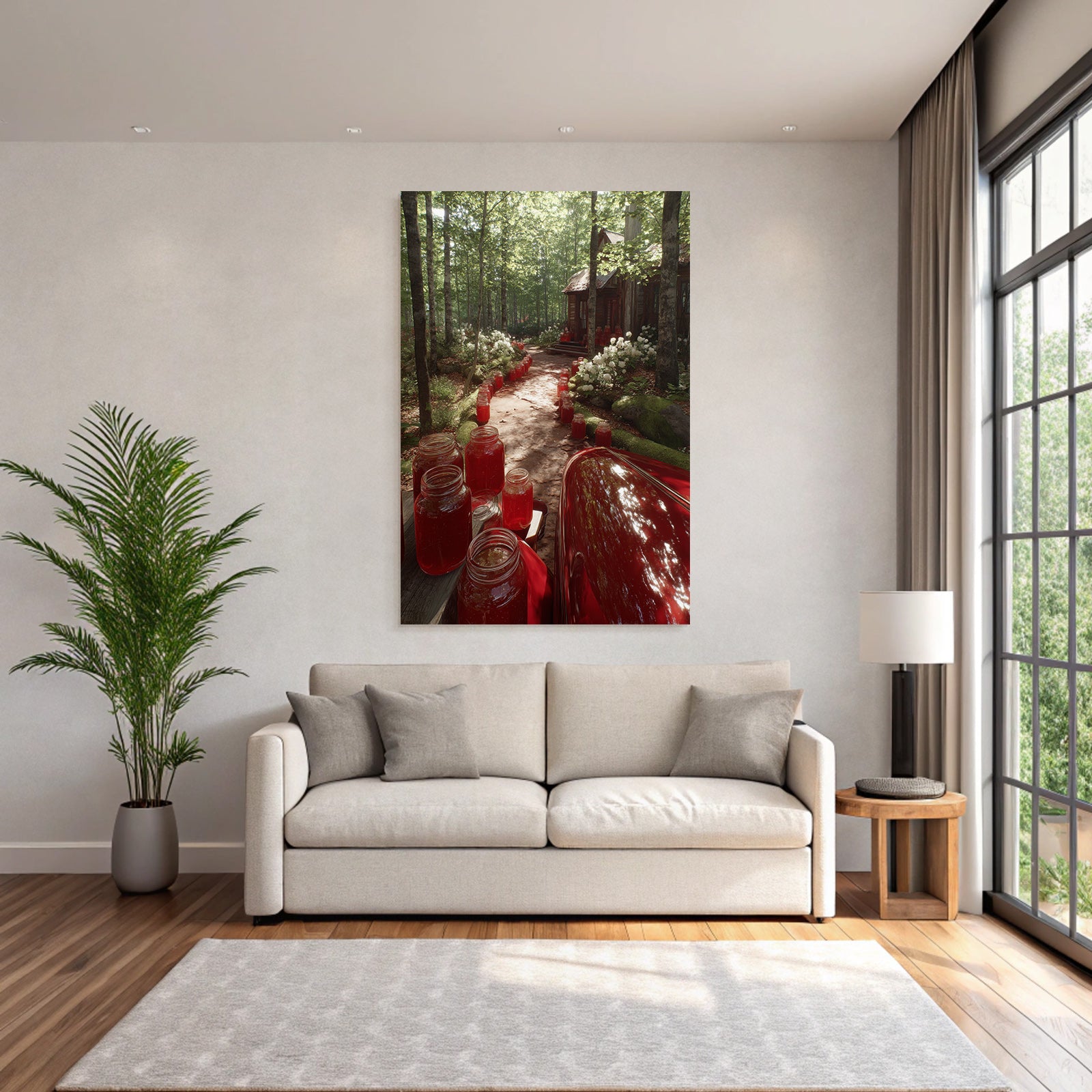 Forests and meadows. Quiet forest path with wooden house and preserving jars with red filling.