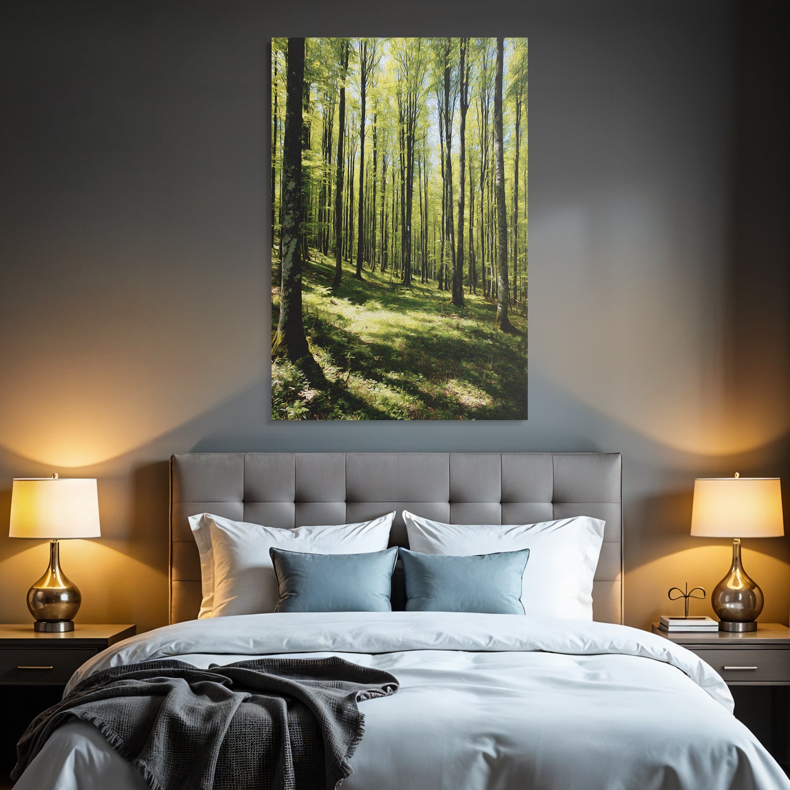 Forests and meadows. Stylized illustration of the forest with tall trees and sunshine.
