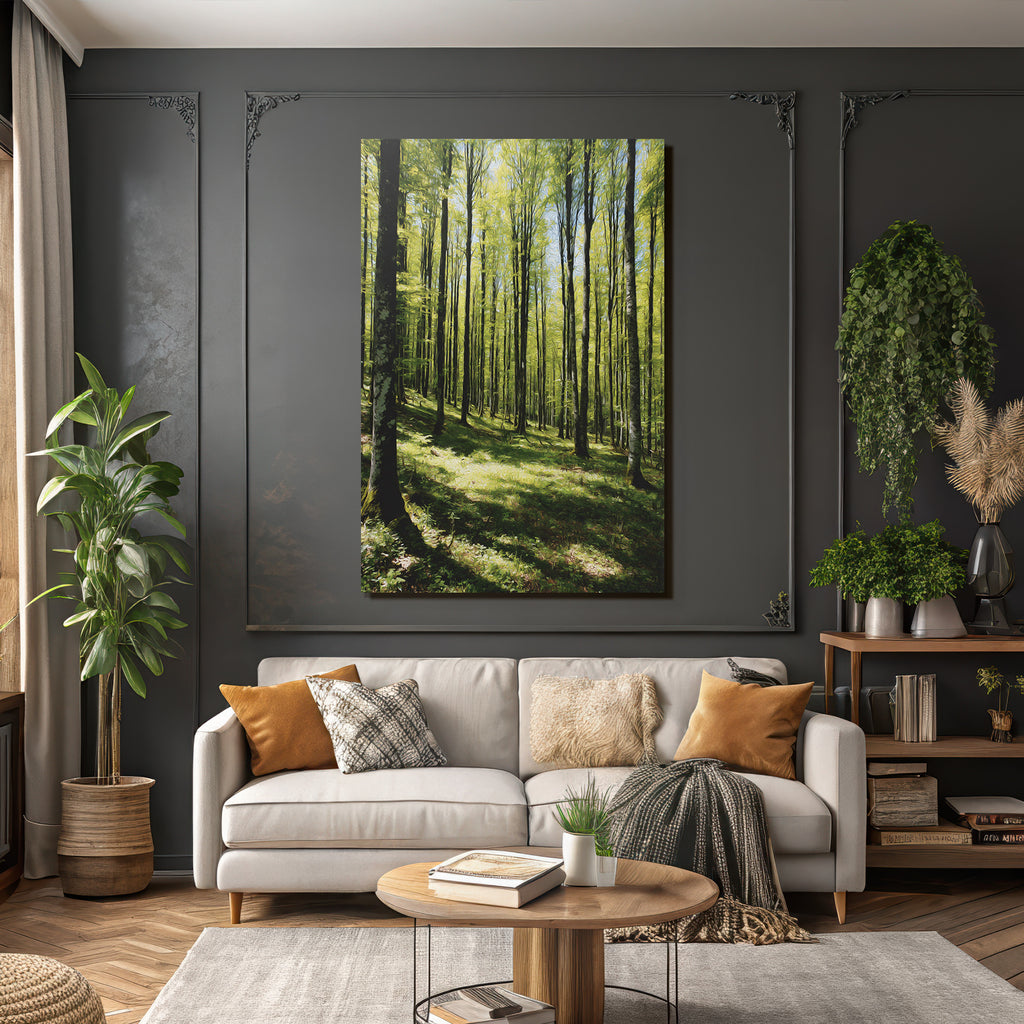 Forests and meadows. Stylized illustration of the forest with tall trees and sunshine.