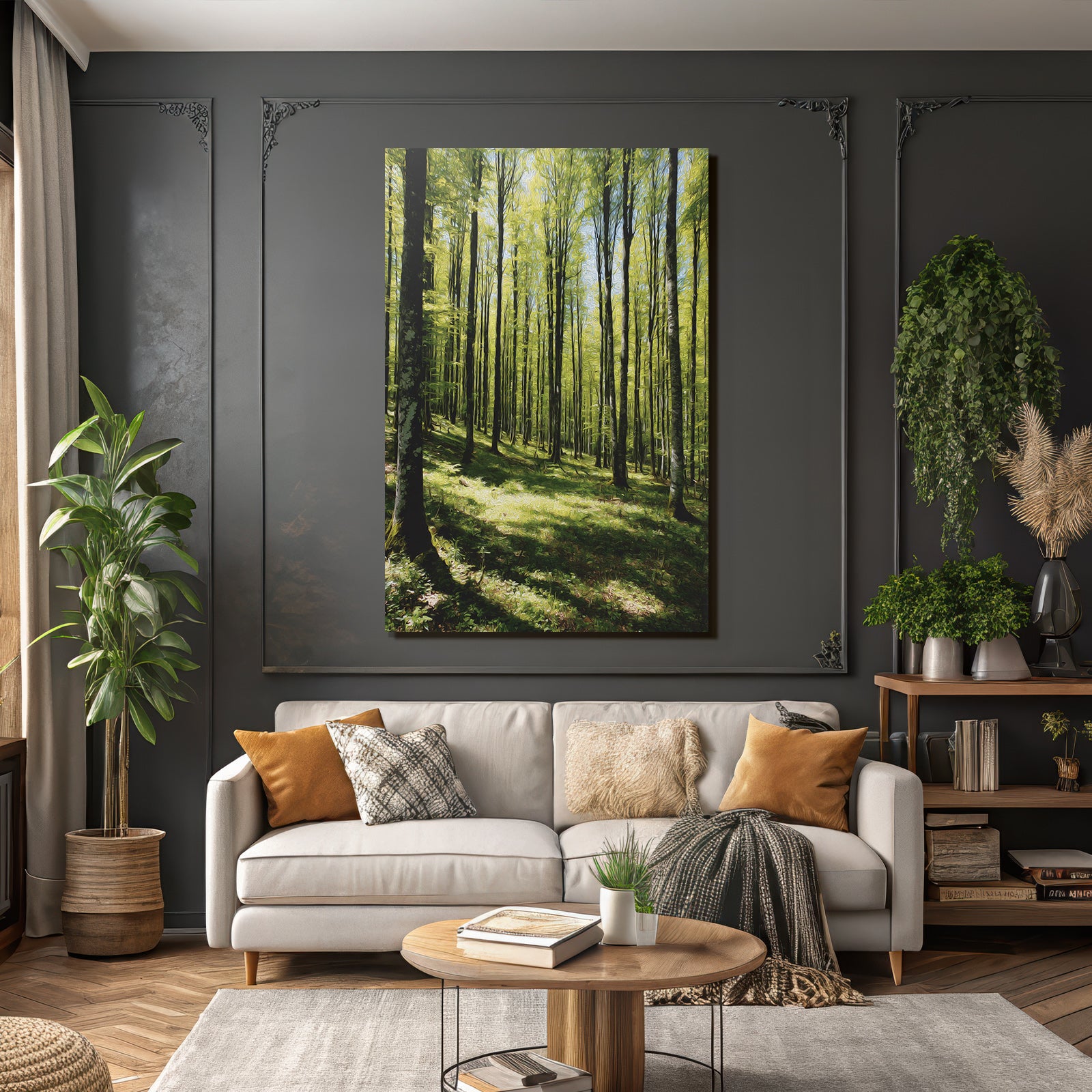Forests and meadows. Stylized illustration of the forest with tall trees and sunshine.