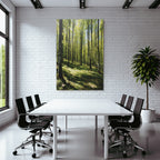 Forests and meadows. Stylized illustration of the forest with tall trees and sunshine.