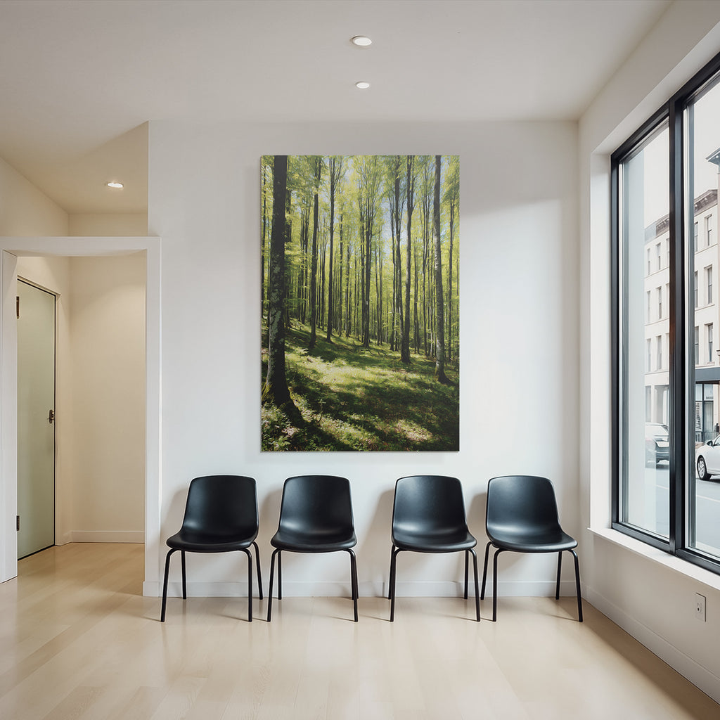 Forests and meadows. Stylized illustration of the forest with tall trees and sunshine.
