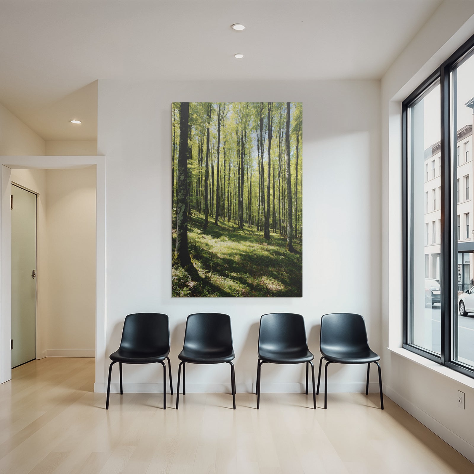 Forests and meadows. Stylized illustration of the forest with tall trees and sunshine.