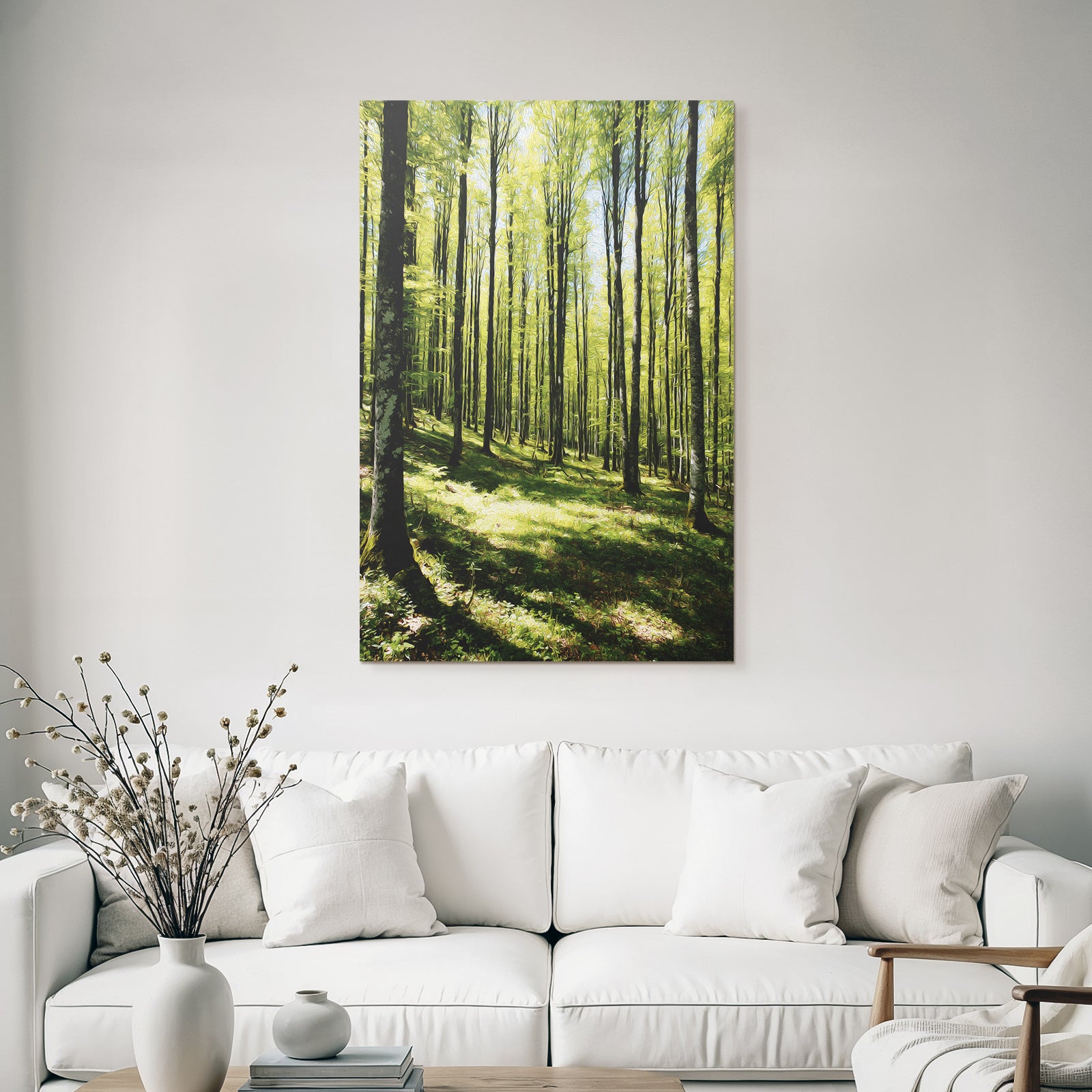 Forests and meadows. Stylized illustration of the forest with tall trees and sunshine.
