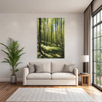 Forests and meadows. Stylized illustration of the forest with tall trees and sunshine.