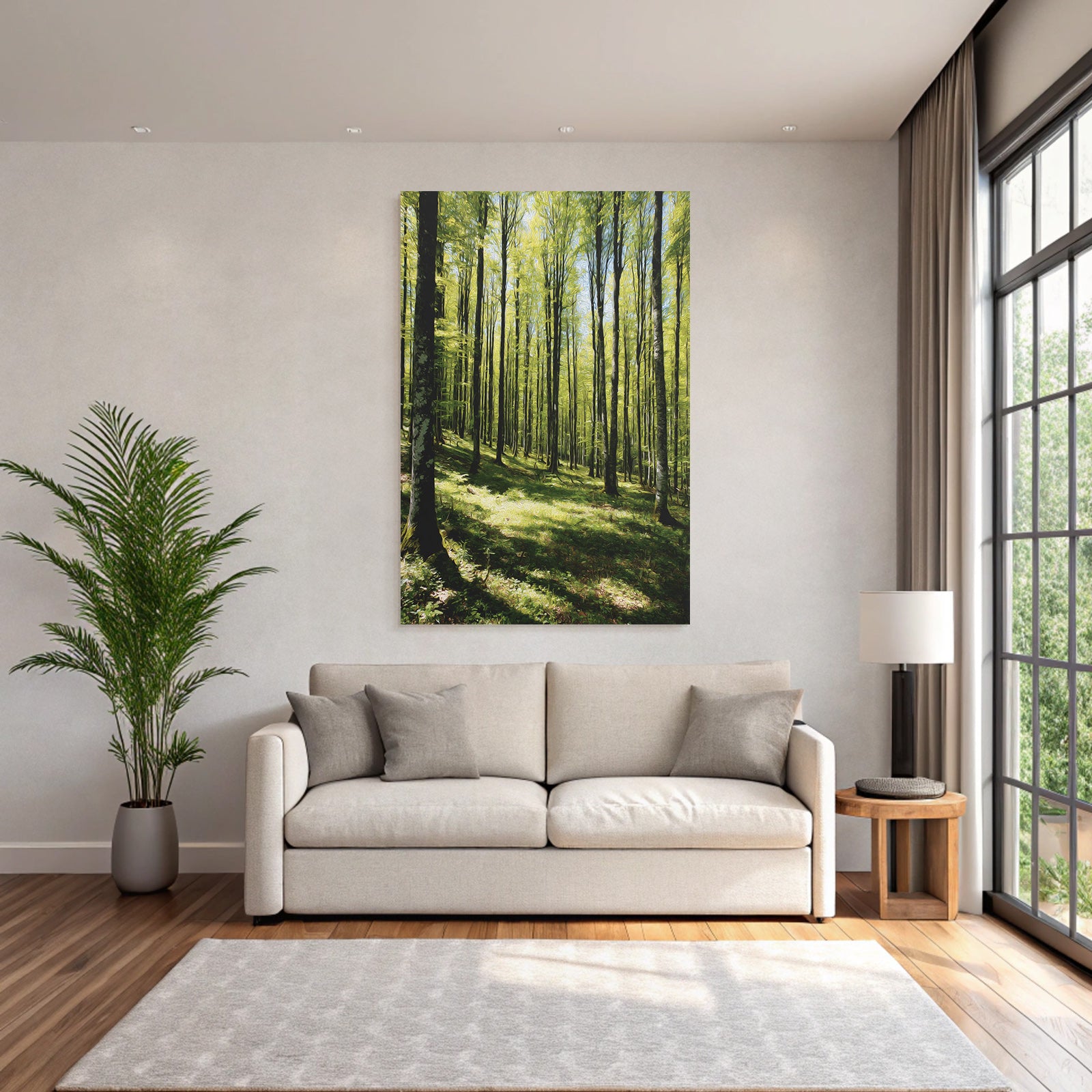 Forests and meadows. Stylized illustration of the forest with tall trees and sunshine.
