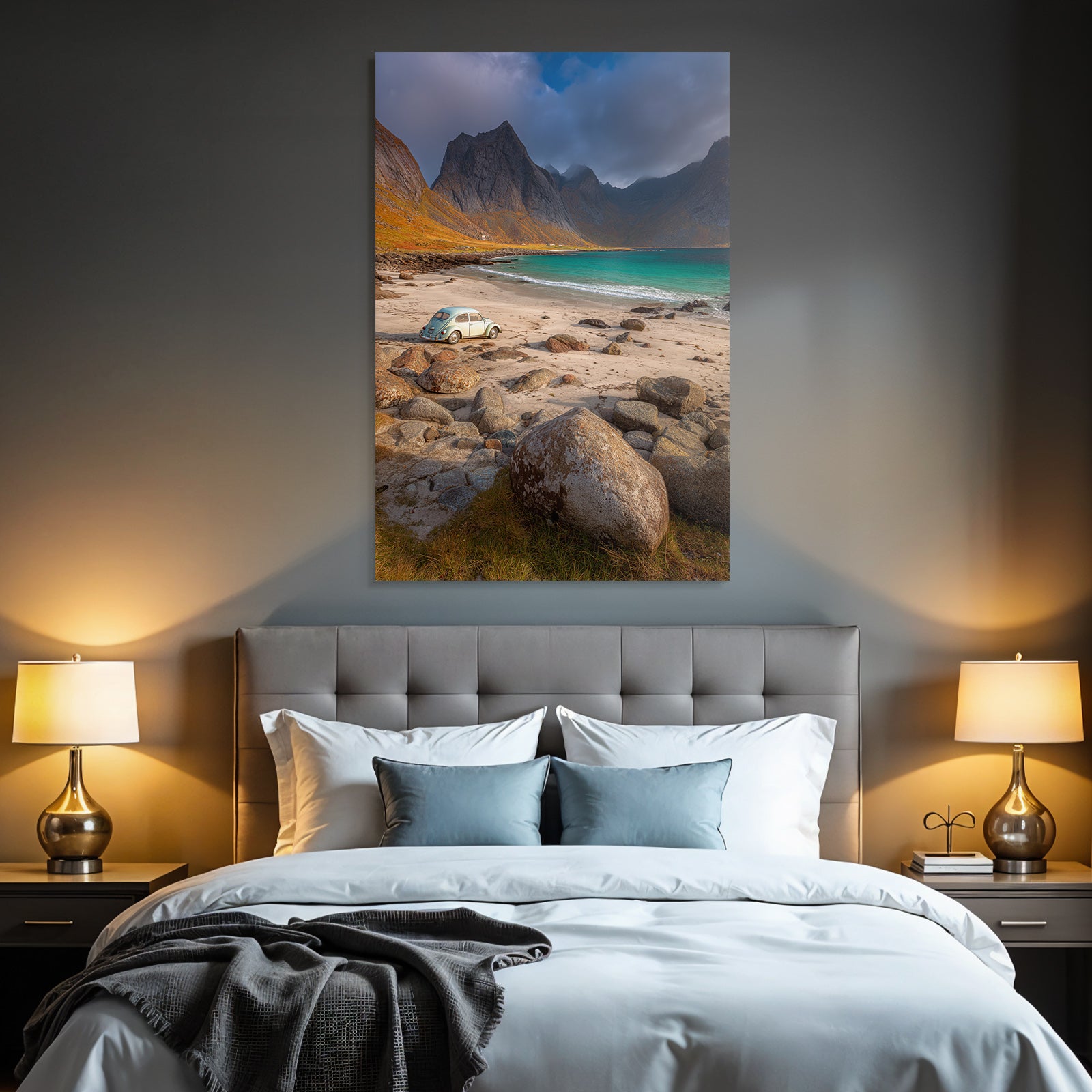 Forests and meadows Vintage car on the beach with rocks and mountains Turquoise water Calm mood