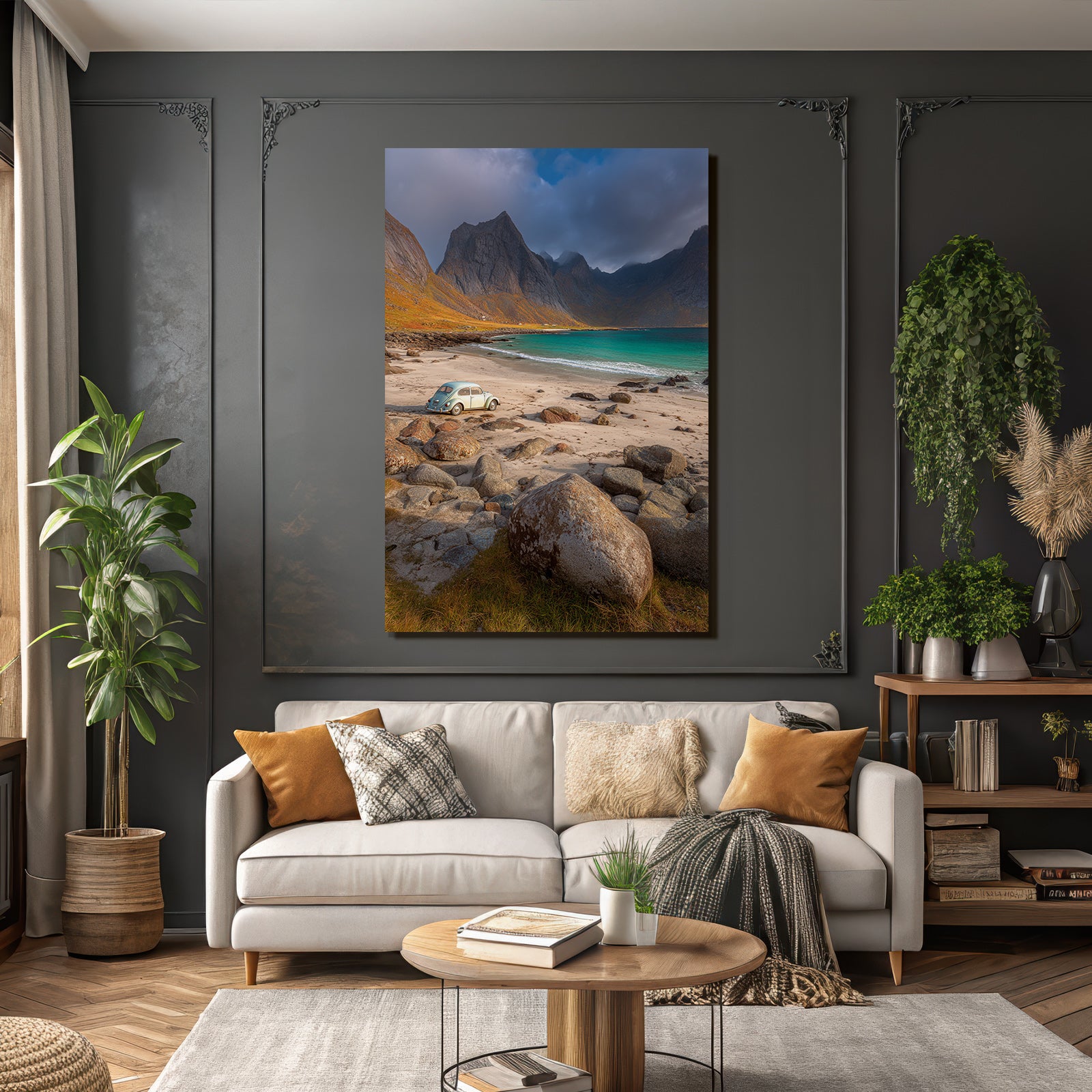 Forests and meadows Vintage car on the beach with rocks and mountains Turquoise water Calm mood