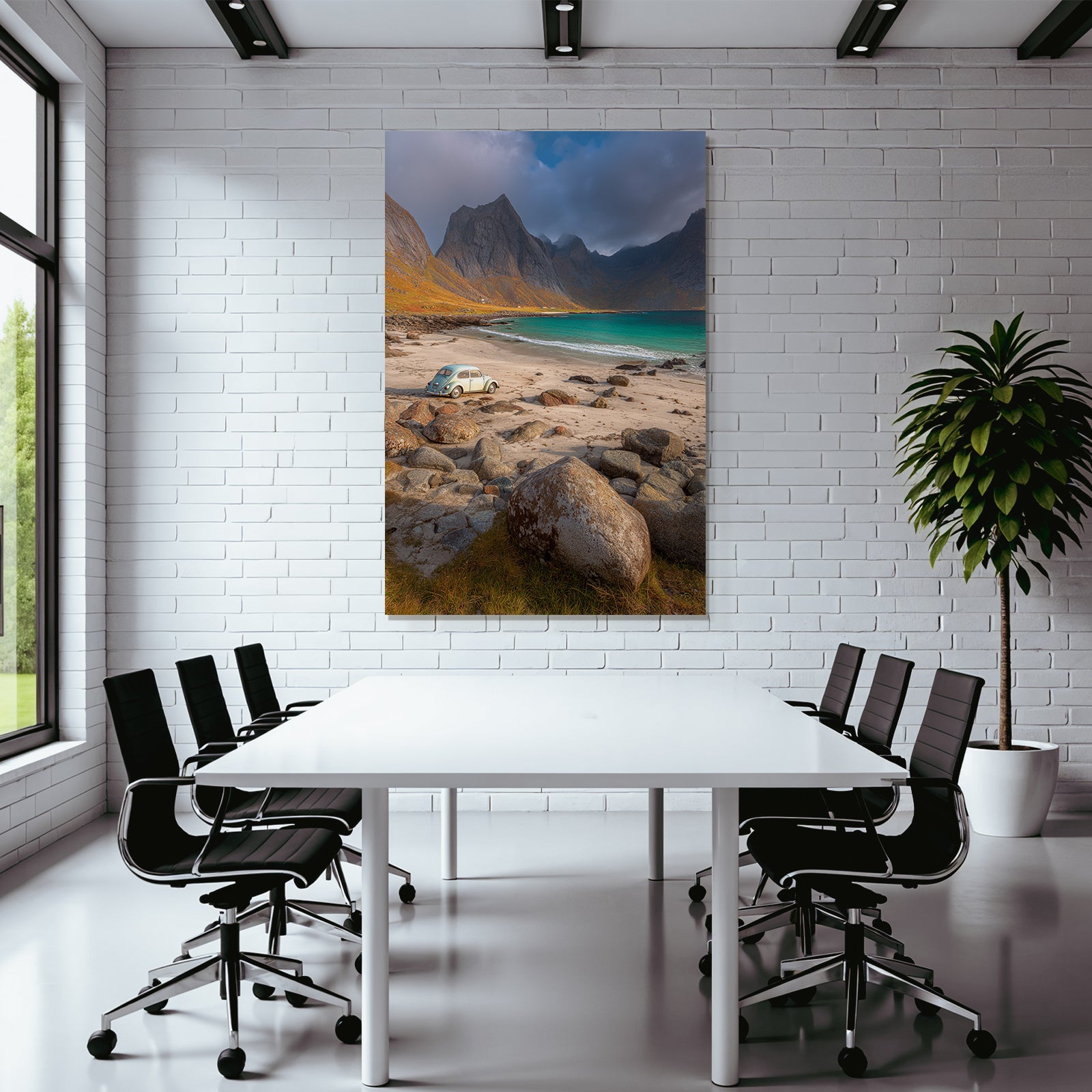 Forests and meadows Vintage car on the beach with rocks and mountains Turquoise water Calm mood