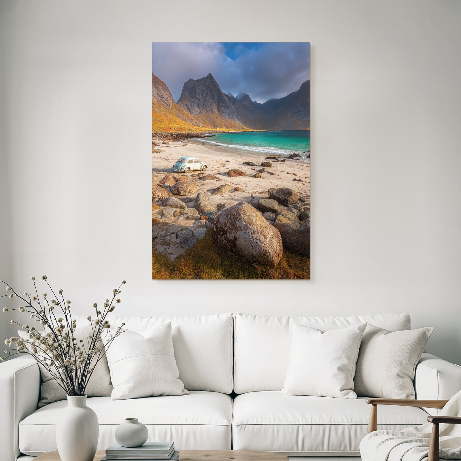 Forests and meadows Vintage car on the beach with rocks and mountains Turquoise water Calm mood