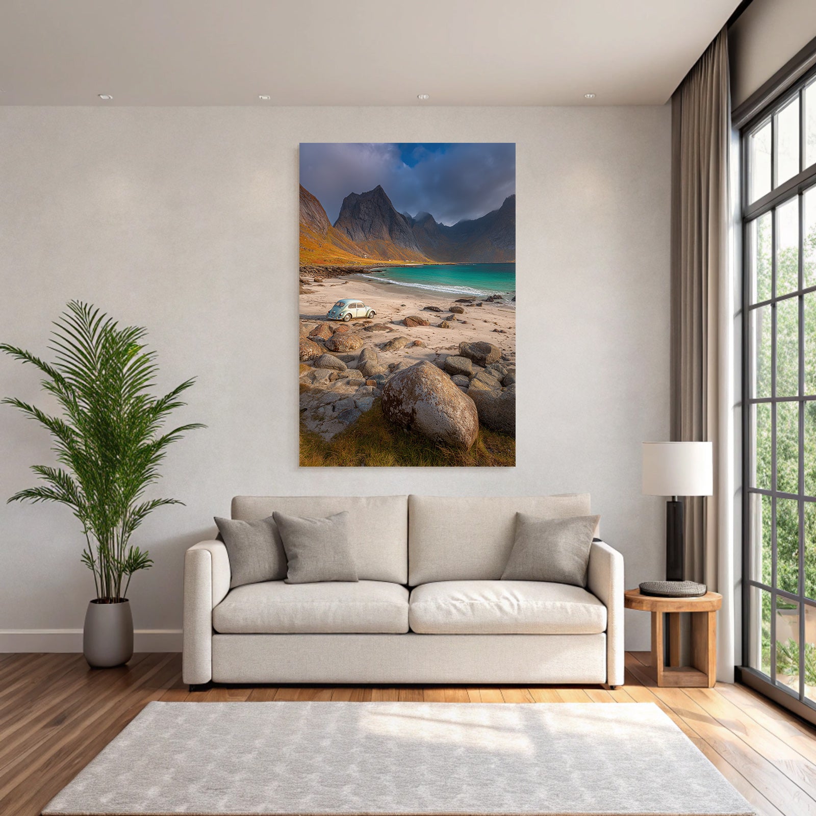 Forests and meadows Vintage car on the beach with rocks and mountains Turquoise water Calm mood